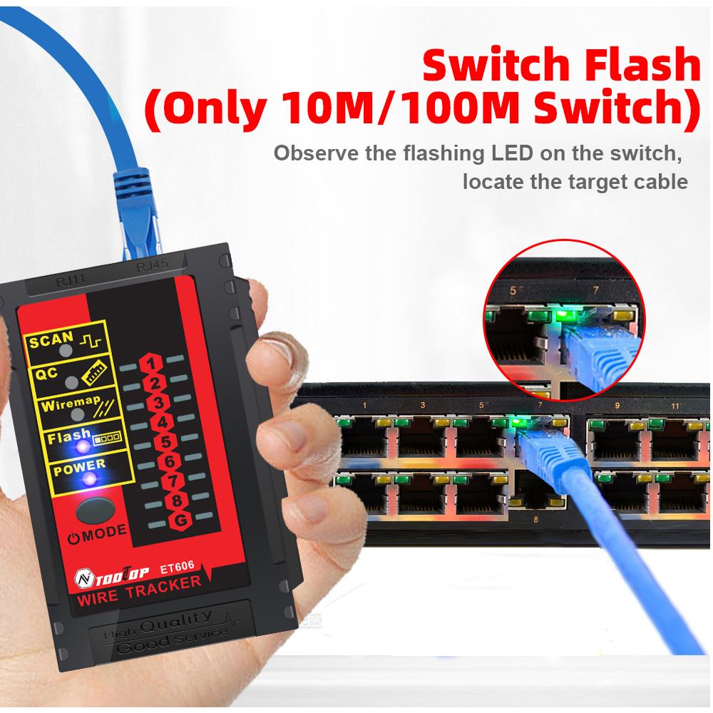 ET606 Cable Port Tester Handheld Network Cable Tester Cable Pairing Check Switch Flash POE Polarity