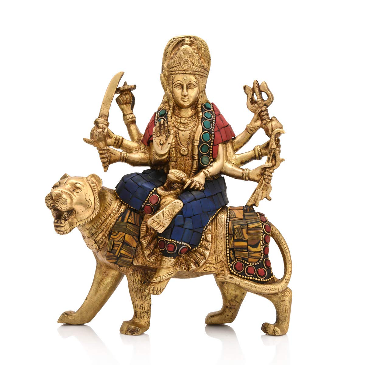 Goddess Durga Idol, Maa Sitting On Lion Statue, Sherawali Mata, Brass - 8 Inch