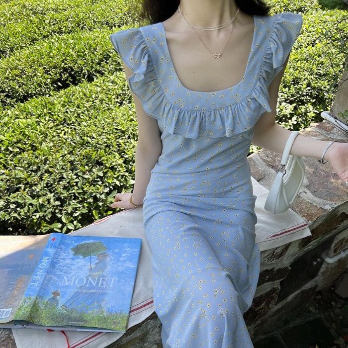 

French retro floral dress medium and long summer temperament new square neck skirt lotus leaf dress XL синій