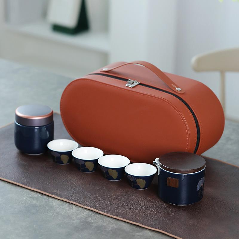High-end Outdoor Portable Travel Tea Set, Household One Pot, Four Cups with Bamboo Tea Tray, a Complete Set of Commemorative Gifts