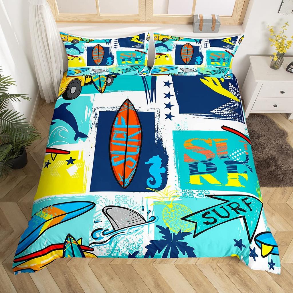 Surf Duvet Cover for Kids Teens Quilt Cover Queen King Size Lightweight Down Room Decor 2 Pillowcases 1 Duvet Cover No Comforter