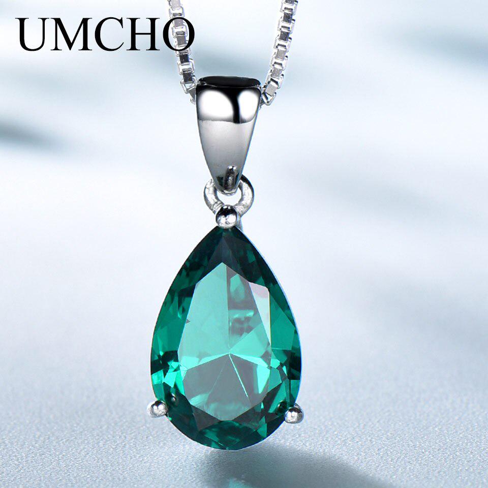 UMCHO Pendant Necklace for Women Nano Russian Simulated Emerald Gemstone Zircon Chain Necklace for Women