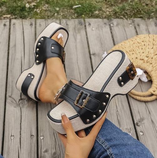 Women Sandals British Style Rome Shoes Soft High Heels Shoes Women Summer Metal Buckle Casual Wedge Platform Sandals
