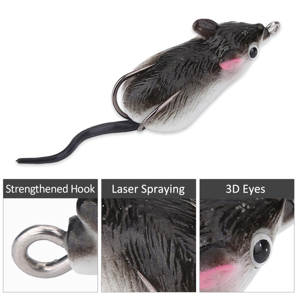 Esca artificiale a forma di topo Esche da pesca morbide Doppio gancio Accessorio per attrezzatura (Grigio scuro)