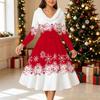 Dames Kerstprint Midi Jurk, Lange Mouwen V‑hals Bontrand A-lijn Feestjurk, Kerst Limited Edition