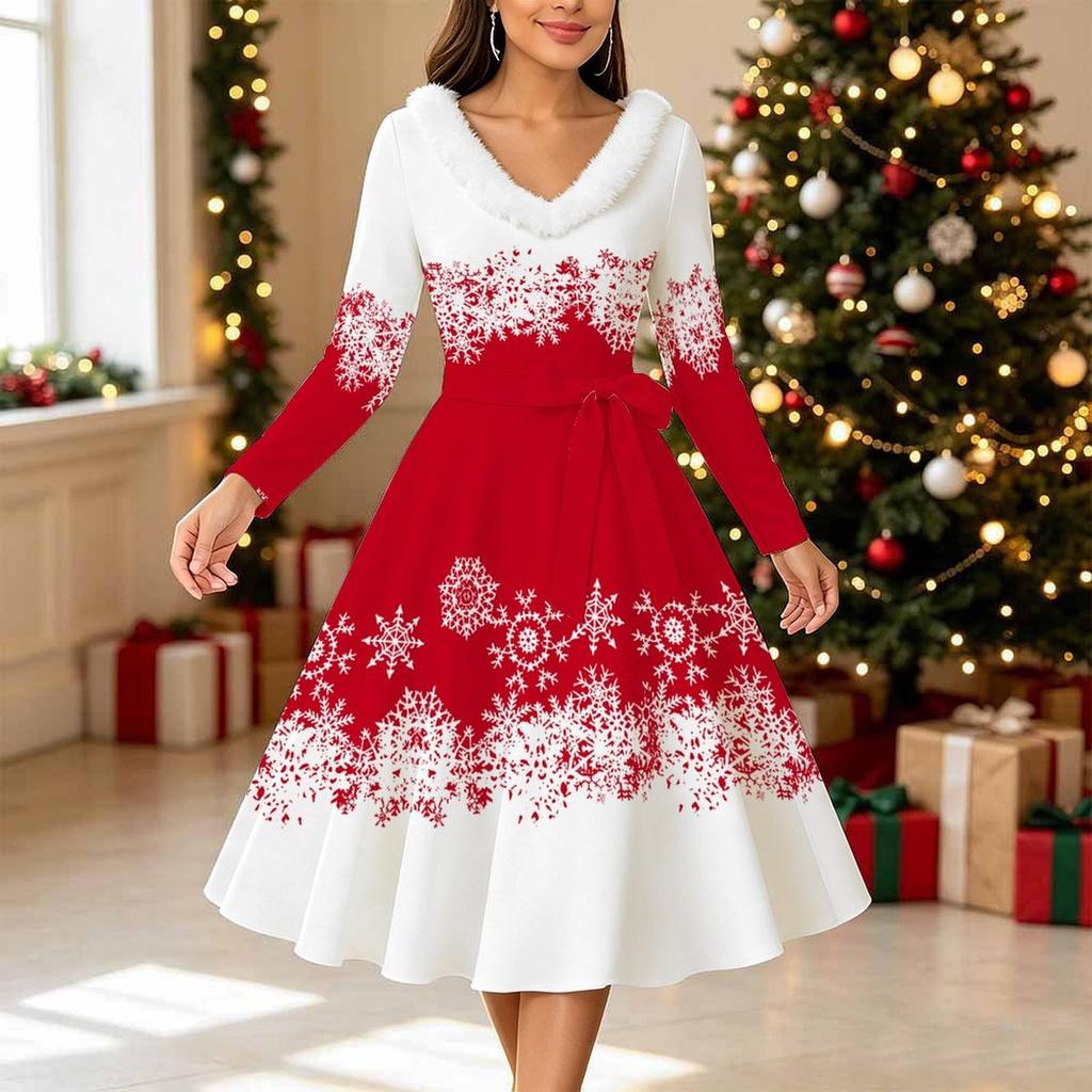 Dames Kerstprint Midi Jurk, Lange Mouwen V‑hals Bontrand A-lijn Feestjurk, Kerst Limited Edition