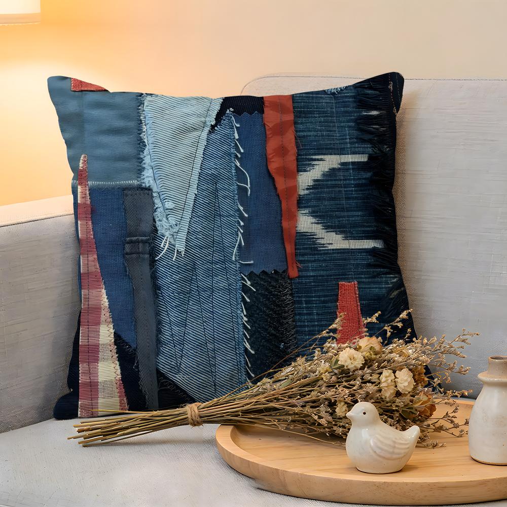 Cushion Cover Linen SkinFriendly Soft Decorative Case for Sofa Home Decor Denim Patchwork Print Pillow Cover