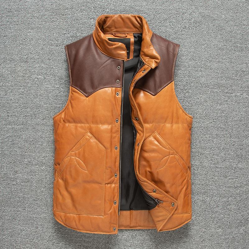 

Autumn and Winter Brown Head Oil Wax Goatskin Down Vest Men s Genuine Leather Short Vest Warmth and Thickened Shoulders S коричневый