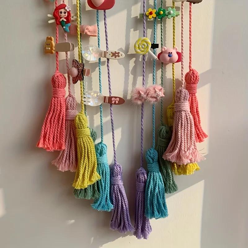 Bohemian Rainbow Wall Hanging with Handmade Lace, Colorful Bow Tassels and Pompoons Bohemian Home Decoration