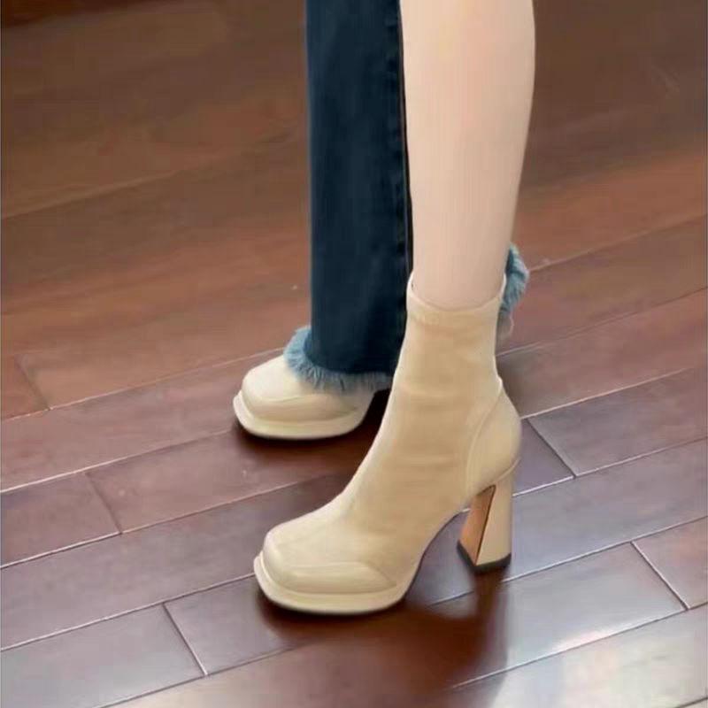 Splicing Waterproof Table Elastic Thin Boots Gentle Versatile High Heel Short Boots Thick Heel Medium Tube Fashion Boots Women's 2025 New