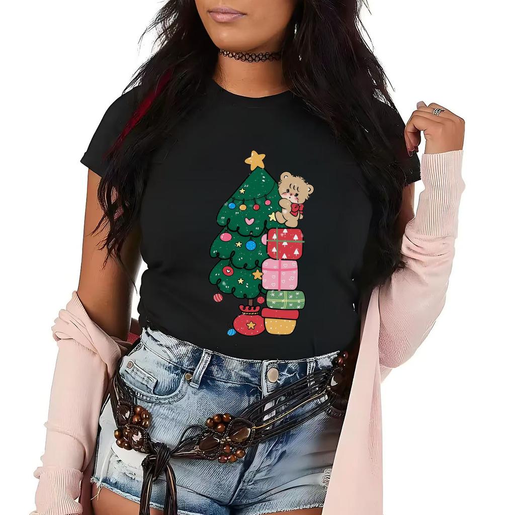 Cute Christmas Tree Christmas Gift Printed Pattern Tshirt Short Sleeve Round Neck Versatile Womens Tshirt