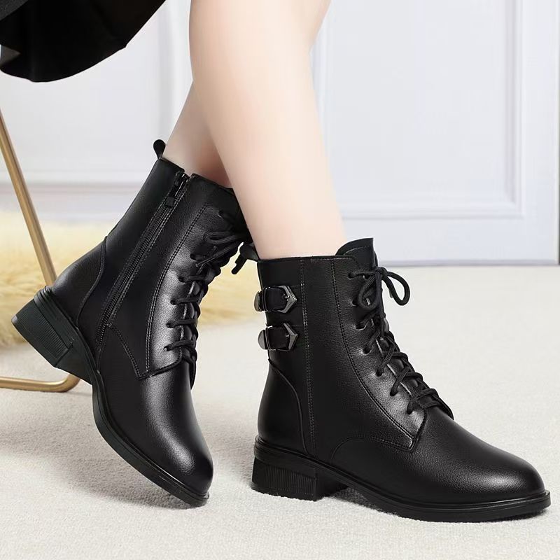 Women Winter Block Heel Real Leather Ankle Cotton Boots Thick Sole Non Slip Round Toe Waterproof Plush Warm Zippers Snow Boots