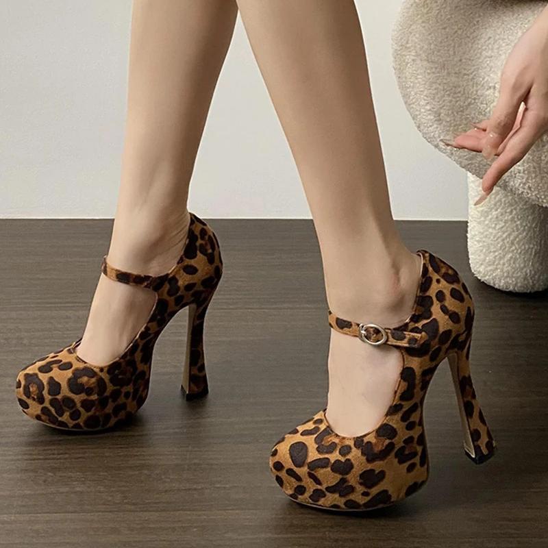 Fashion Street Style Platform Extreme High Heels Buckle Strap Women Pumps Sexy Design Leopard Print Banquet Shoes BIG Size 45