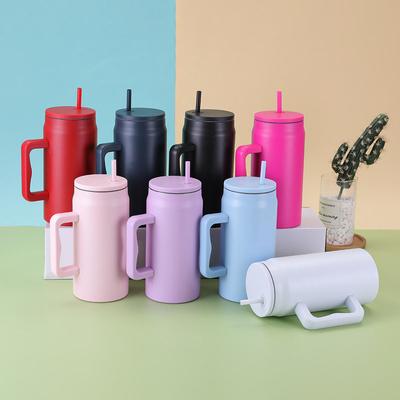 Großvolumige 50oz Thermos-Wasserflasche aus Edelstahl mit Griff und Strohhalm, Individuelles Design, Vakuumisolierter Becher für Reisen, Auto