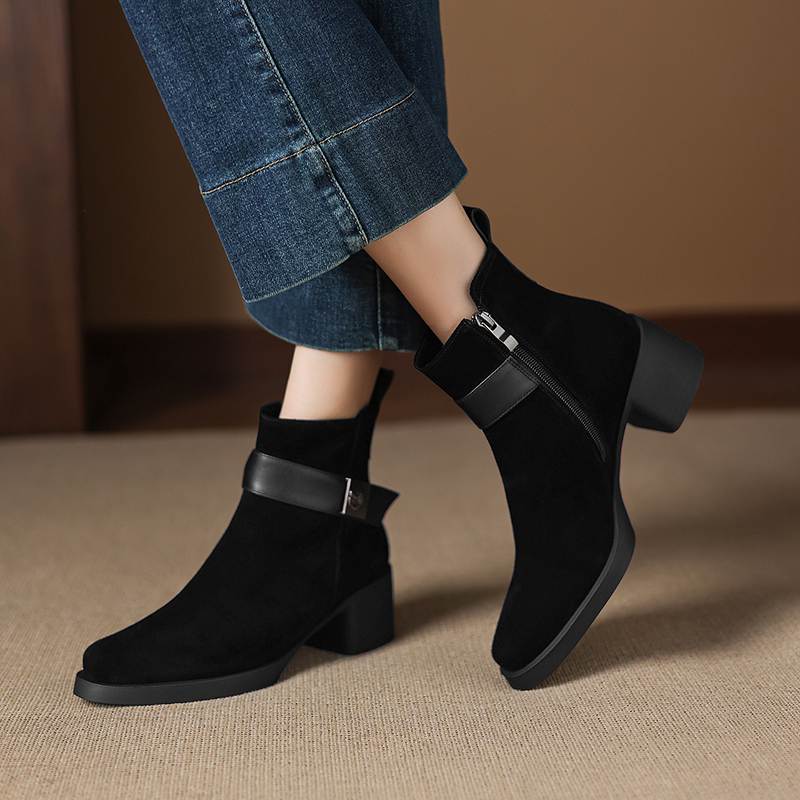 Krazing Pot Cow Suede Nubuck Round Toe Chunky Heels Chelsea Boots Size 43 Zipper Metal Flowers Women Platform Ankle Boots