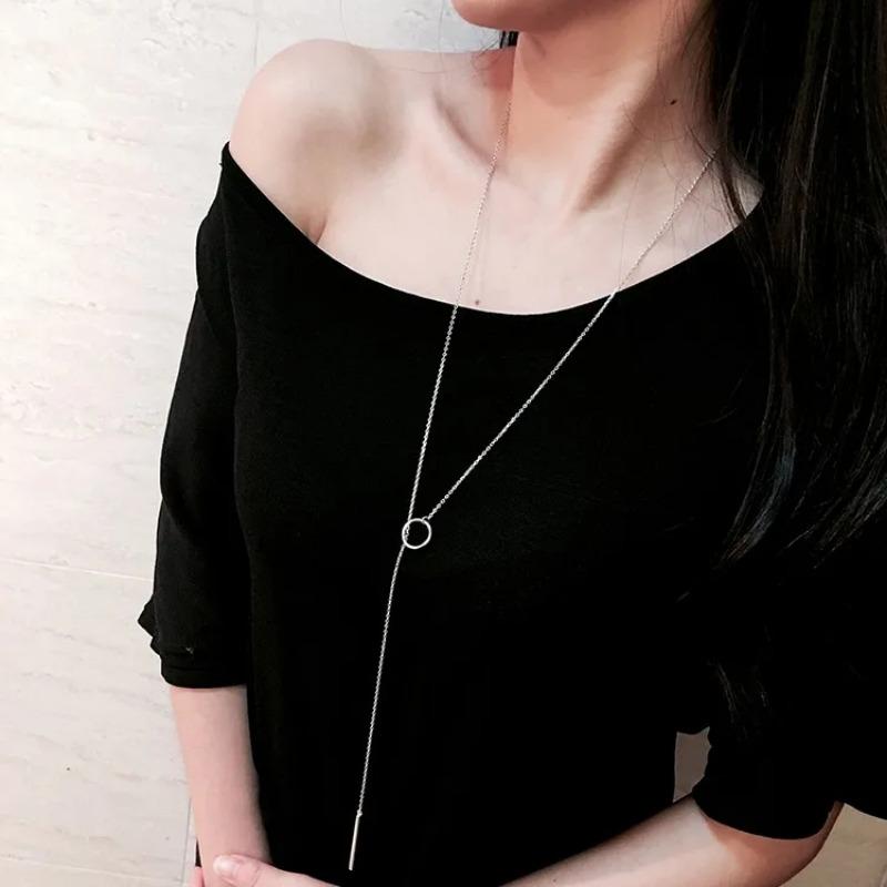 Long Chain Exaggerated Single Circle Necklace, Tassel Pendant Design, Personalized Trendy And Cool Collarbone Chain Accessory