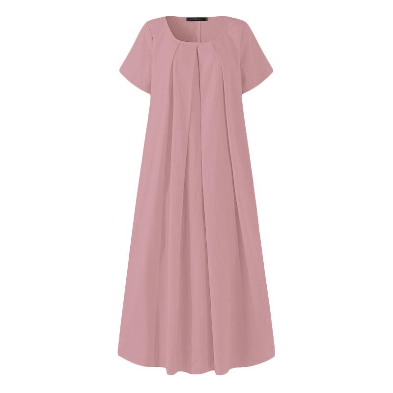 Vestido Maxi de Algodón y Lino de Verano para Mujer, Vintage Artístico de Color Sólido con Cuello Redondo de Manga Corta Holgado Talla Grande Casual Largo