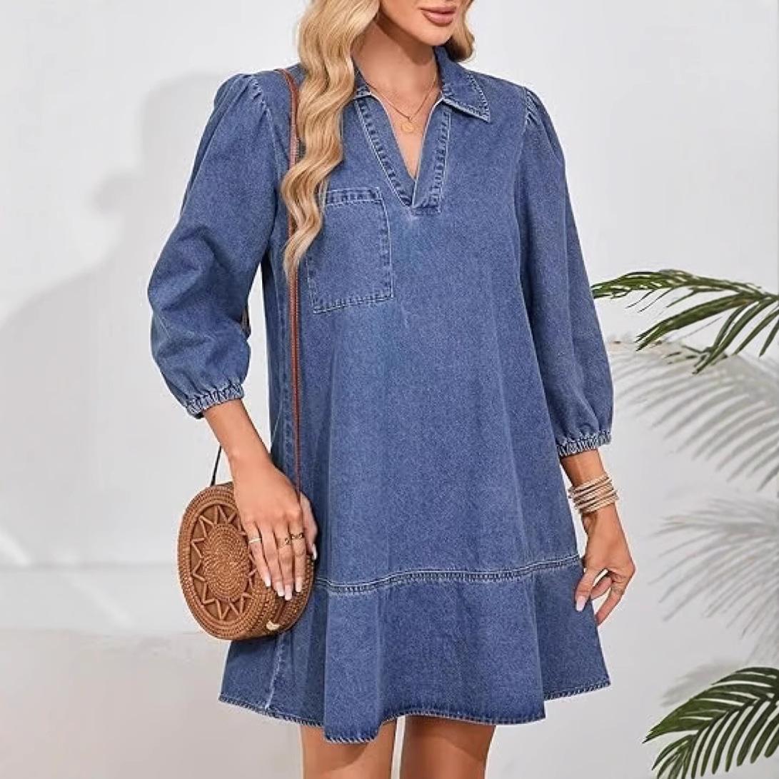 

Women s Dark Blue Denim V-Neck Bubble Sleeve Dress with Chest Pocket XXXL синий