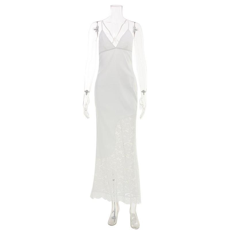 Womens Lace Trim V Neck Slim Fit Slip Dress Sexy Backless Long Gown Party Date