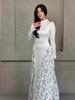 2025 Spring Long-Sleeved Floral Print Dress - European and American Style, Round Neck, Long Skirt
