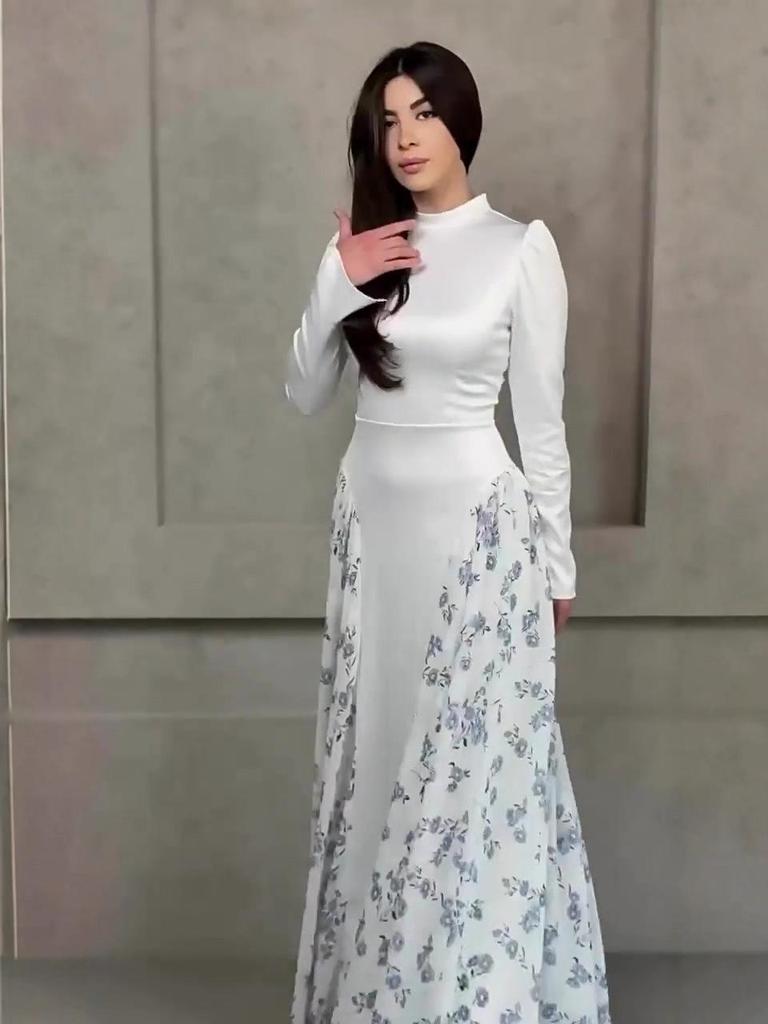 2025 Spring Long-Sleeved Floral Print Dress - European and American Style, Round Neck, Long Skirt