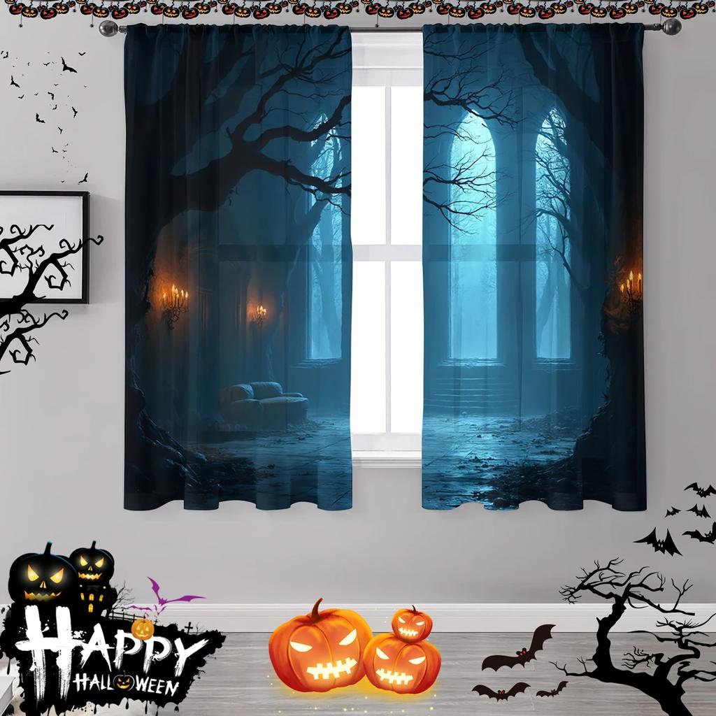 Set Of 2 Halloween Dark Forest Castle Printed Curtains Pole Bag Home Decorations Room Curtain Made Polyester