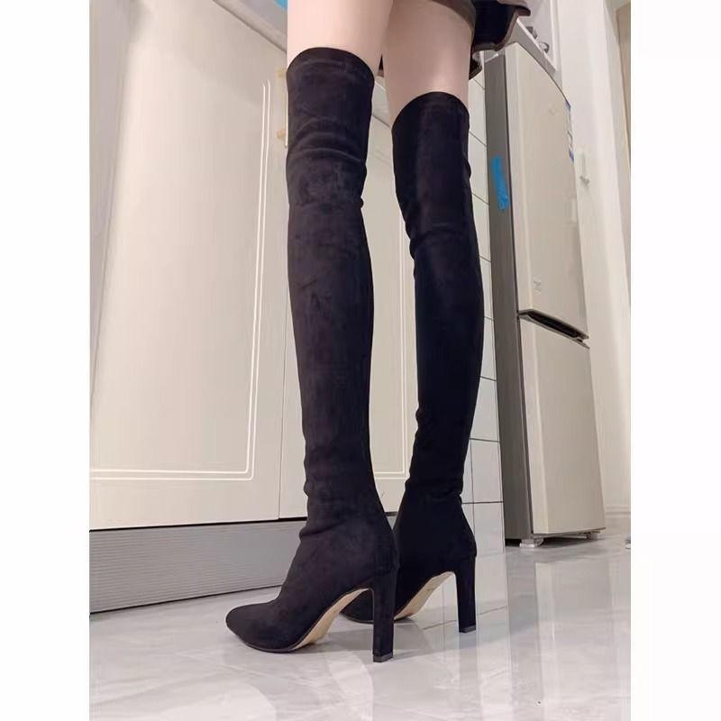 Over-knee boots Women's boots 2025 autumn and winter new thin boots thick heel suede high elastic boots pointed high heel