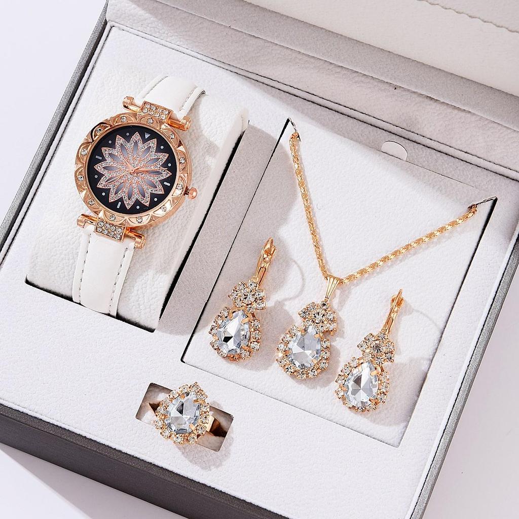 5 stücke Set Uhren Frauen Leder Band Damen Uhr Einfache Casual frauen Armbanduhr Armband Geschenk Montre Femme(Kein Kasten)