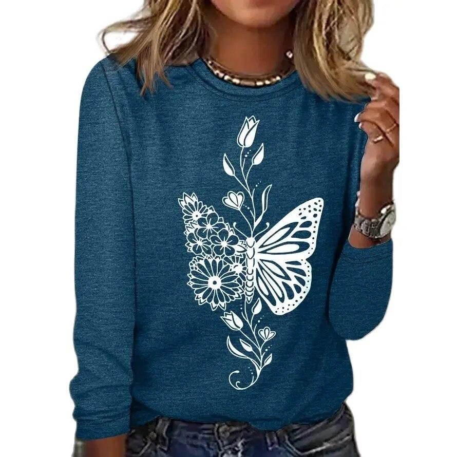 Women's 3d T-Shirt O-Neck Long Sleeve Butterfly Fashion Animal Print Large Casual Vintage Street Wear Oversized Female Clothing