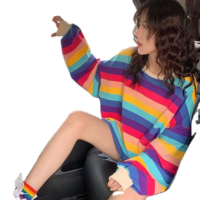 New Autumn Thin Women's Rainbow Striped Long-sleeved T-shirt for Women's Loose Harajuku Style Top