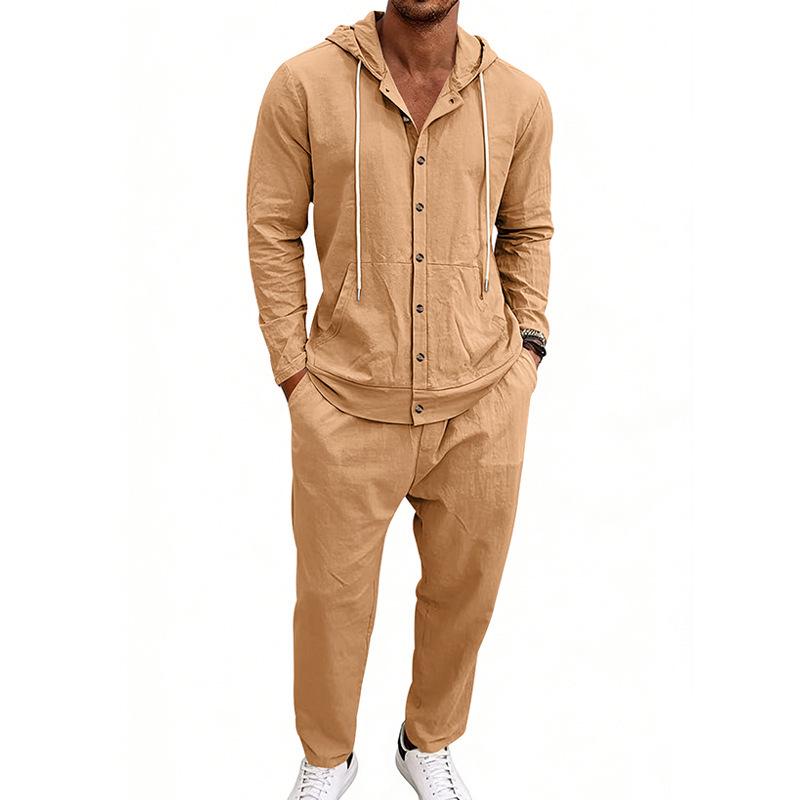 Men's Hooded Linen Shirt and Pants Set - European Casual Style