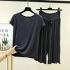 Plus Size M To 6XL Modal Casual Pajamas Sets V-Neck Sleeves Tshirts with Drawstring Ruffle Trim Cropped Pants High Waist Loose Fit Lounge Sets