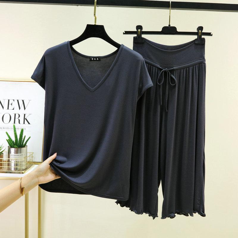 Plus Size M To 6XL Modal Casual Pajamas Sets V-Neck Sleeves Tshirts with Drawstring Ruffle Trim Cropped Pants High Waist Loose Fit Lounge Sets