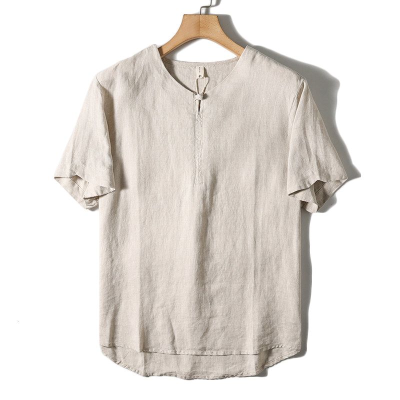 Chinese Pure Linen T-shirt Short Sleeve Men Retro Tang Suit