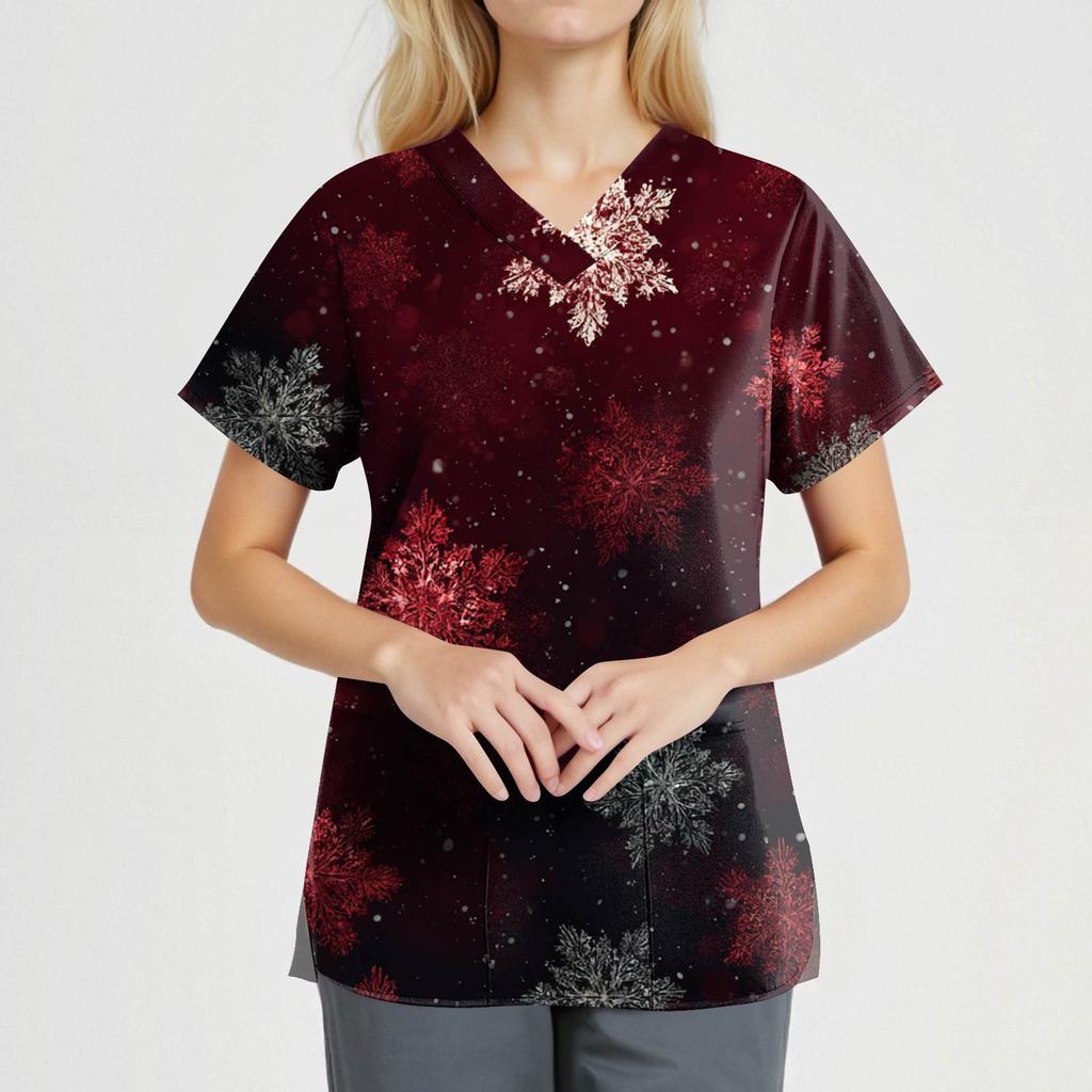 Dámská móda Výstřih do V Krátký rukáv Pracovní oděv s kapsami Vánoční potisk Top Uniforma pečovatele