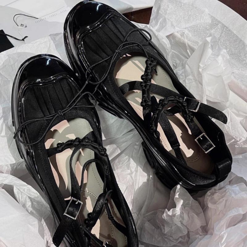 Sheepskin version~ retro leather platform ballet girl bow muffin Mary Jane single shoes small leather shoes