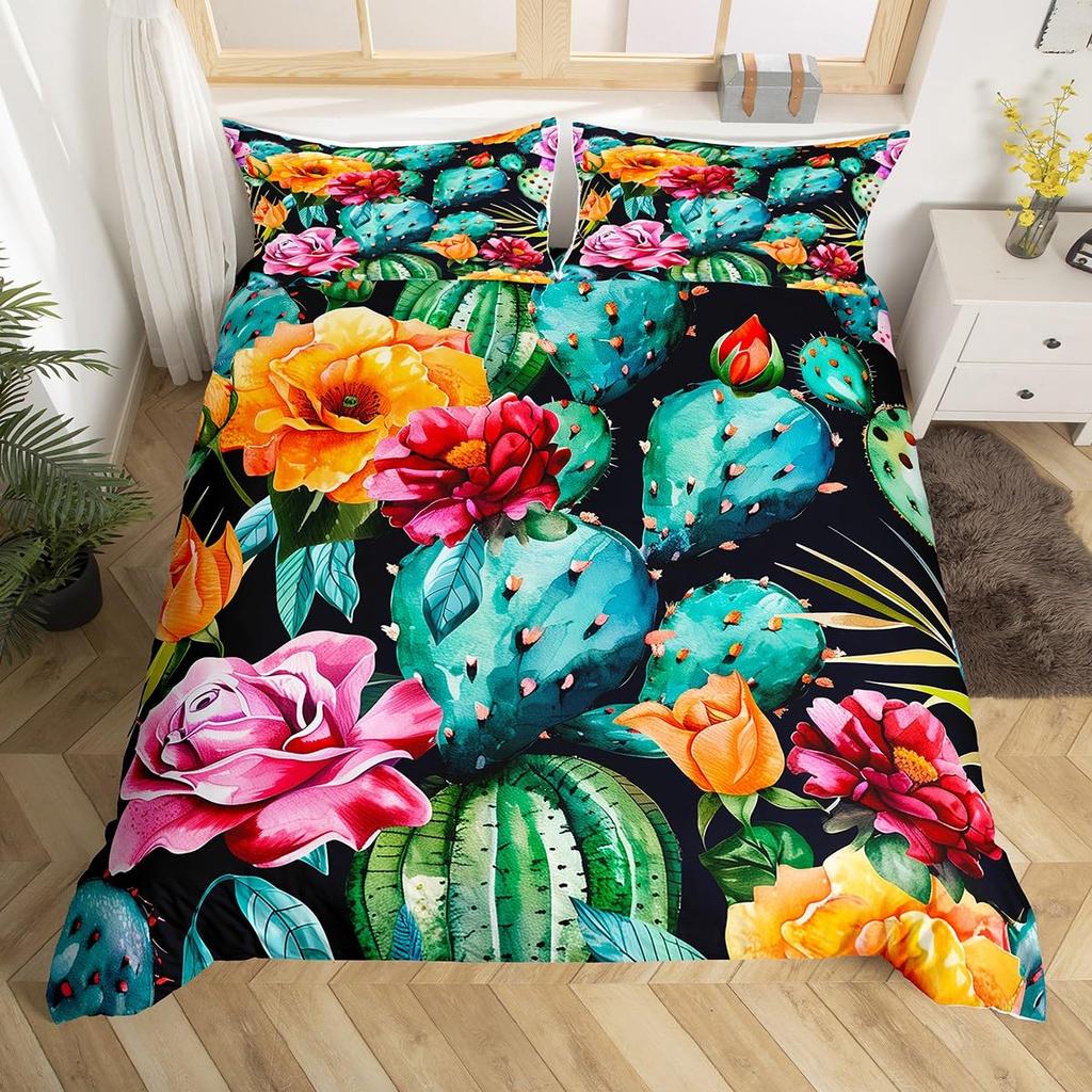 Tropical Botanical Bedding Set Bulbous Cactus Sketch Drawing Comforter Cover Cute Desert Plants Duvet Cover Flower Quilt Cover