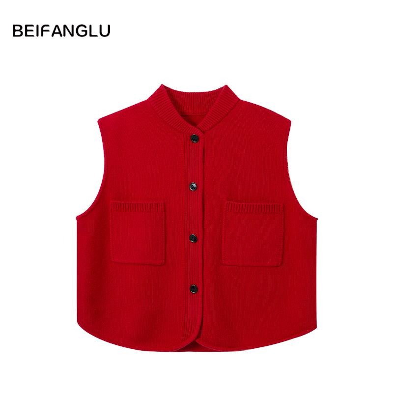 Women's Northern Deer French Old Money Style 100% Wool Thick Knit Stand-up Collar Vest Cardigan