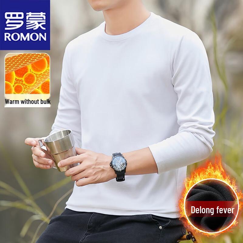 Romon Men's Fleece-Lined Long Sleeve Round Neck T-Shirt