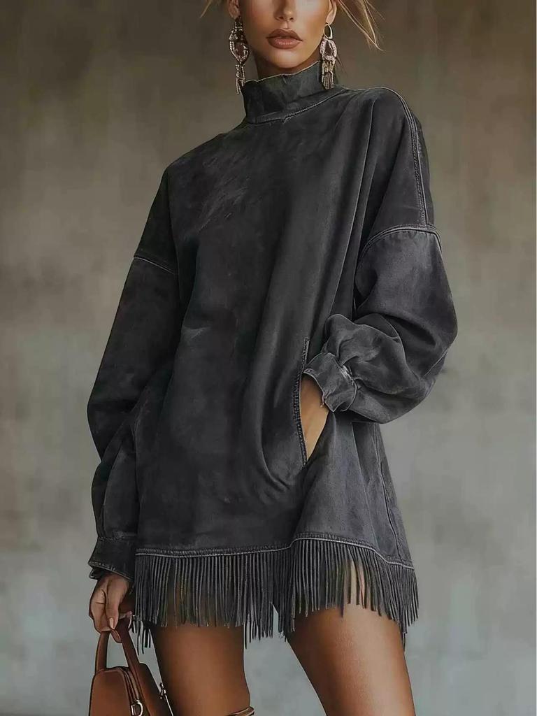 2026 Suede Tassel Dress: High Neck, Loose Fit, with Pockets for Autumn/Winter