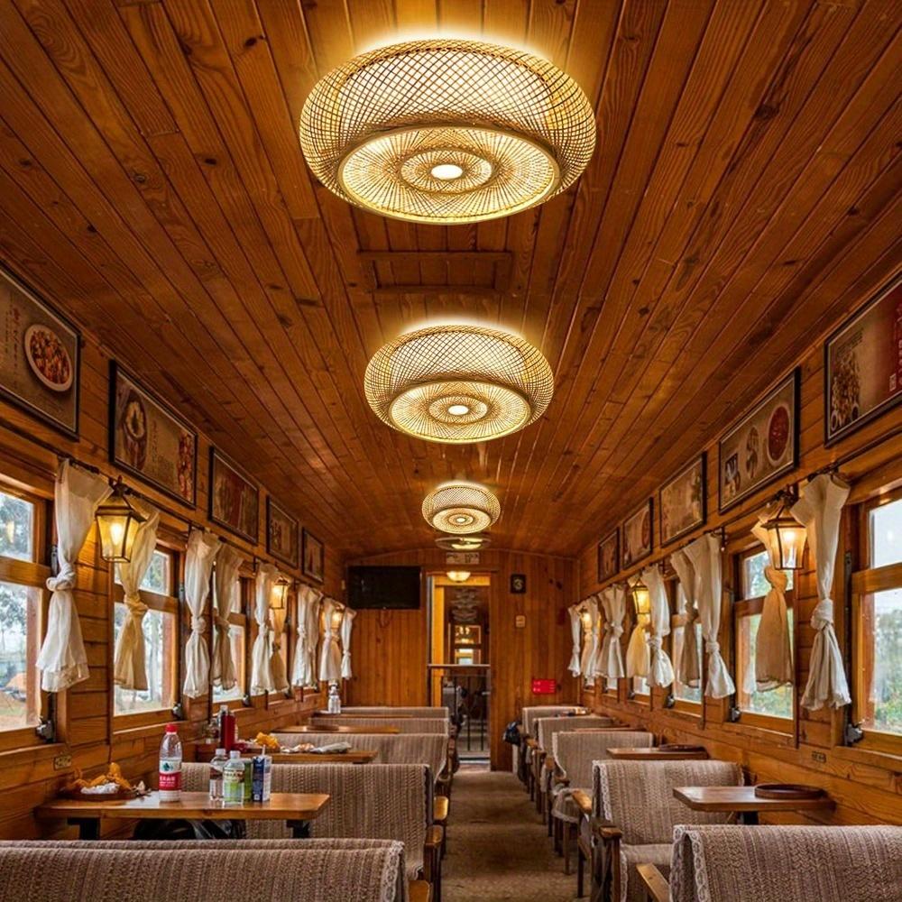 Vintage Hand-woven Bamboo Ceiling Light Wicker Light Fixtures Rattan Flush Mount Ceiling Light Traditional Home Decoration Lamps