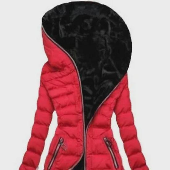 Damen Winterjacke mit Kapuze, langen Ärmeln und mittellanger Reißverschlussjacke aus Samt und Baumwolle