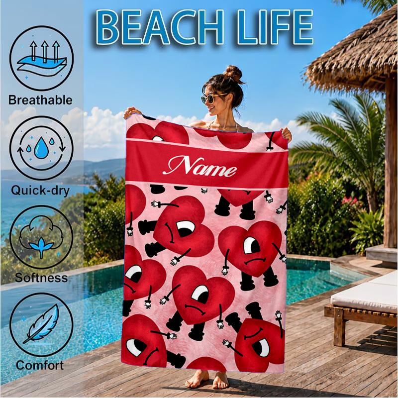 Custom Name Beach Towel Heart Bad Bunny Journal Microfiber Beach Towel, Lightweight for Summer Travel, Swimming Pool Fan Birthday Gift