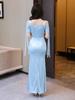 Elegant Off-the-Shoulder Evening Gown with High Slit - Nightclub Attire for Foot Bath Technicians