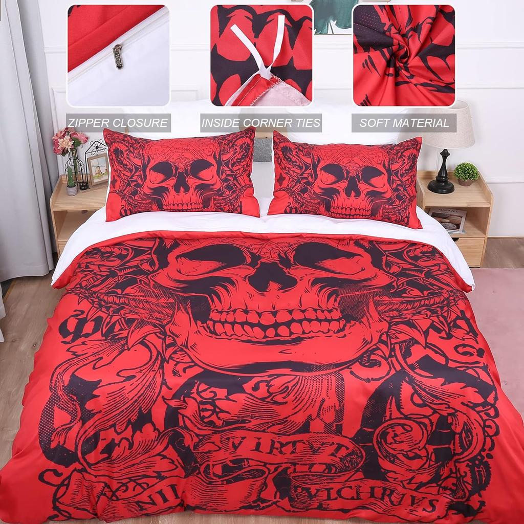 Roter Totenkopf Bettbezug Gothic 3D Tattoo Gedrucktes Bettwäsche-Set 3-teilig Halloween Mikrofaser Bettdeckenbezug mit Reißverschlussbändern + 2 Kissenbezüge