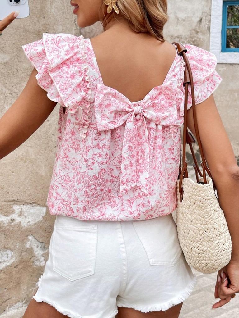 Women's Printed Summer Fashion Back Bow Tiered Ruffled Short Sleeve Shirt
