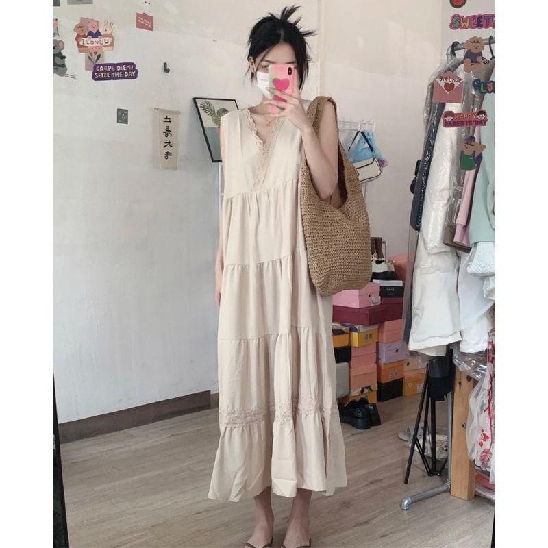 

Red Retro Slimming Vacation Sleeveless Long Jumper Dress Apricot S