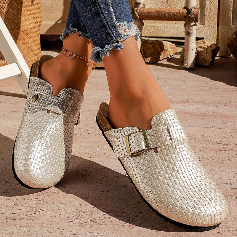 Zoccoli con Fibbia Intrecciata Dorata da Donna  Scarpe Mules Estive a Punta Chiusa con Suola in Sughero Donna Tacco Basso Antiscivolo Mezza Pantofola