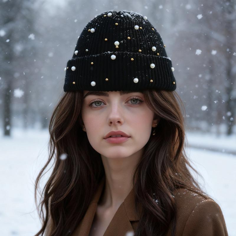 Autumn and Winter Fashionable Solid Color Keep Warm Rhinestone Pearls Knitting Hat Women Rivet Versatile No Eaves Pullover Hat