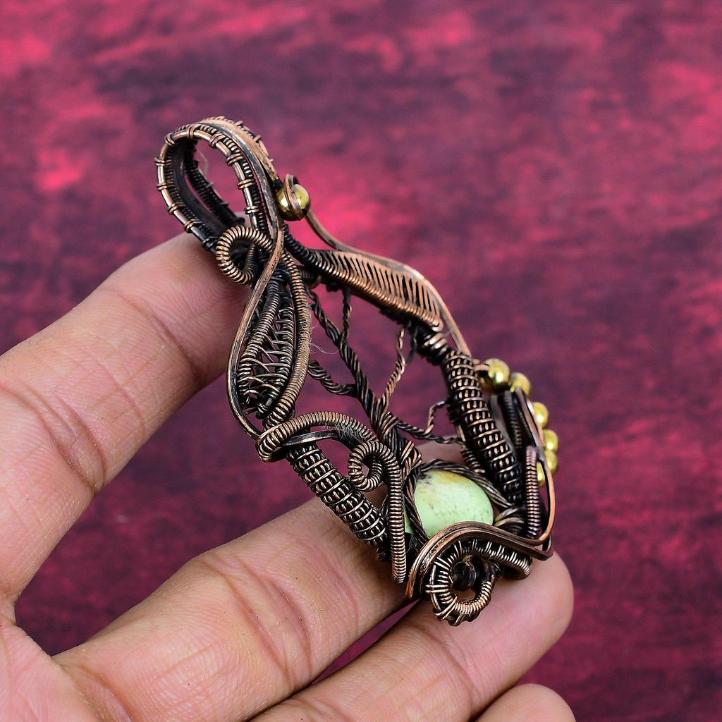 Tree Of Life Lemon Chrysoprase Gemstone Pendant Copper Wire Wrapped Handmade Jewelry